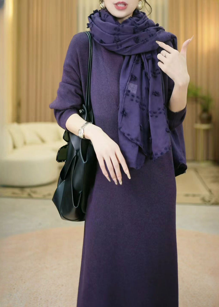 Elegant Purple V Neck Cozy Knit Long Sweater Winter