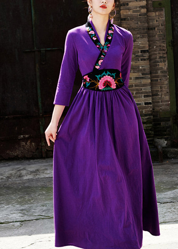 Elegant Purple V Neck Embroideried Floral Zippered Wrinkled Maxi Dresses Fall