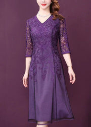 Elegant Purple V Neck Lace Patchwork Tulle Dresses Half Sleeve