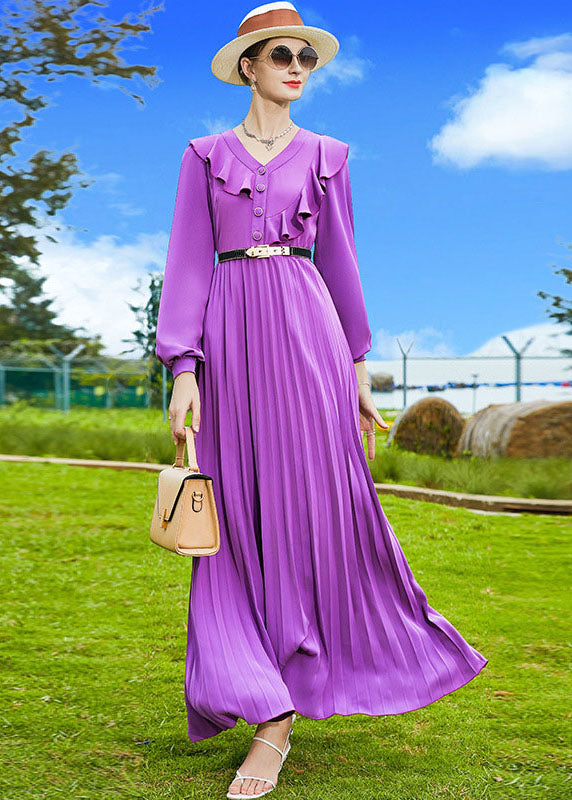 Elegant Purple V Neck Patchwork Ruffles Chiffon Pleated Dress Spring