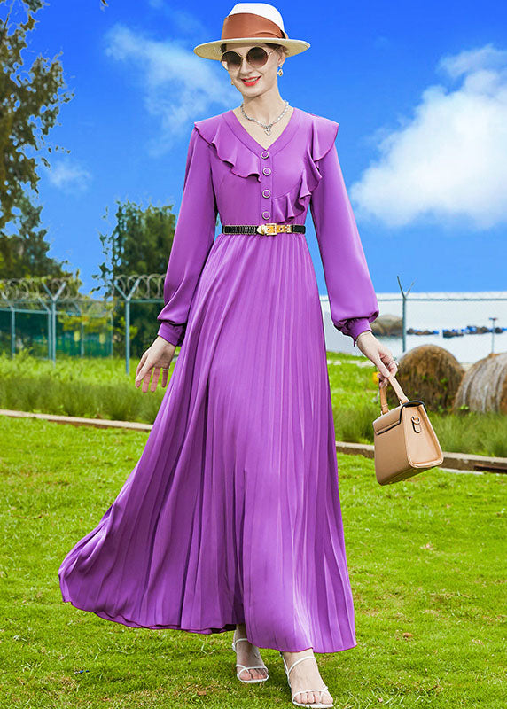 Elegant Purple V Neck Patchwork Ruffles Chiffon Pleated Dress Spring