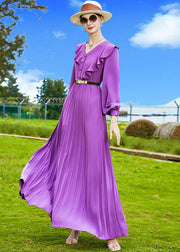 Elegant Purple V Neck Patchwork Ruffles Chiffon Pleated Dress Spring