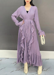 Elegant Purple V Neck Ruffled Long Dresses Flare Sleeve