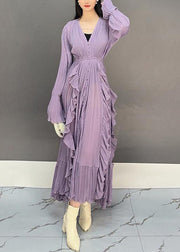 Elegant Purple V Neck Ruffled Long Dresses Flare Sleeve