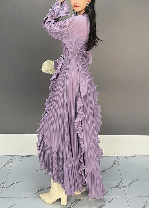 Elegant Purple V Neck Ruffled Long Dresses Flare Sleeve