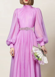 Elegant Purple Wrinkled Solid Chiffon Dress Lantern Sleeve