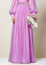 Elegant Purple Wrinkled Solid Chiffon Dress Lantern Sleeve