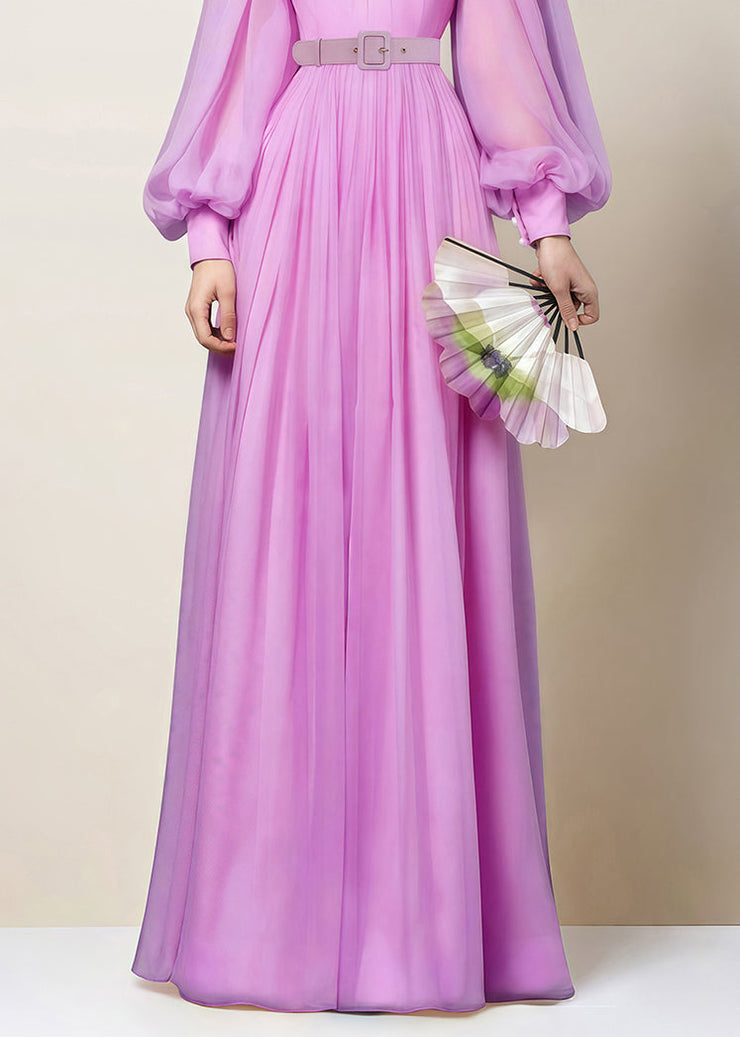 Elegant Purple Wrinkled Solid Chiffon Dress Lantern Sleeve