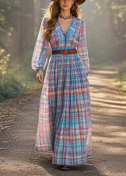 Elegant Rainbow Cinched Plaid Cotton Dresses Spring