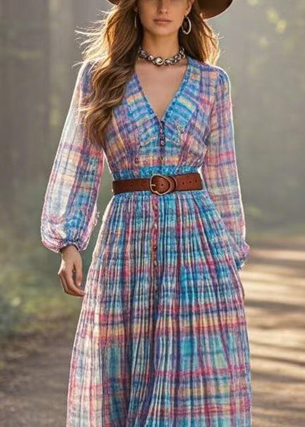 Elegant Rainbow Cinched Plaid Cotton Dresses Spring