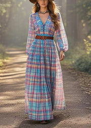 Elegant Rainbow Cinched Plaid Cotton Dresses Spring