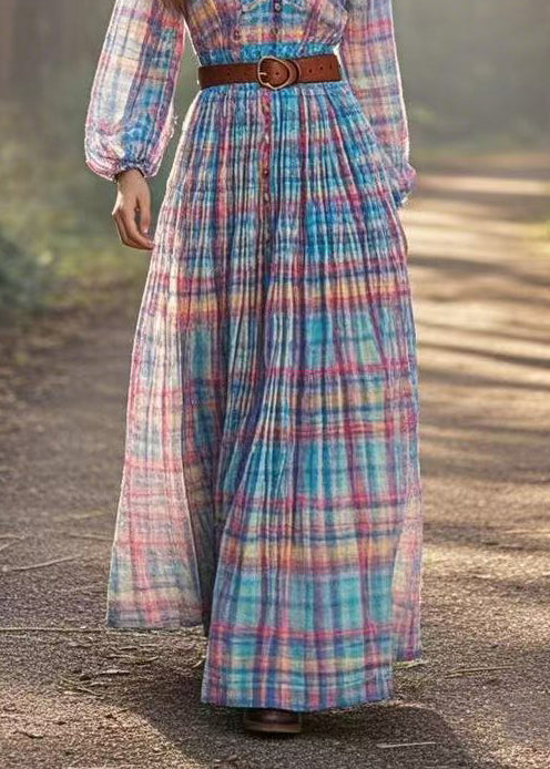 Elegant Rainbow Cinched Plaid Cotton Dresses Spring