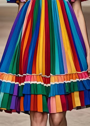 Elegant Rainbow Cold Shoulder Striped Chiffon Dress Summer