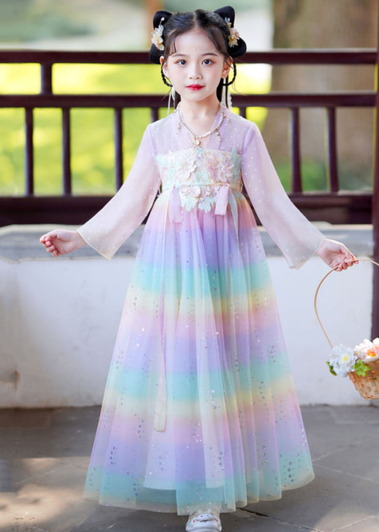 Elegant Rainbow Gradient Color Patchwork Tulle Kids Vacation Long Dresses Long Sleeve