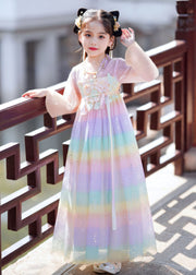 Elegant Rainbow Gradient Color Patchwork Tulle Kids Vacation Long Dresses Long Sleeve