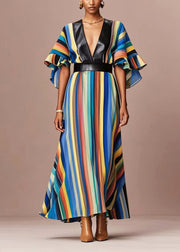 Elegant Rainbow Striped Cotton Cinched Dress Flare Sleeve