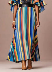 Elegant Rainbow Striped Cotton Cinched Dress Flare Sleeve