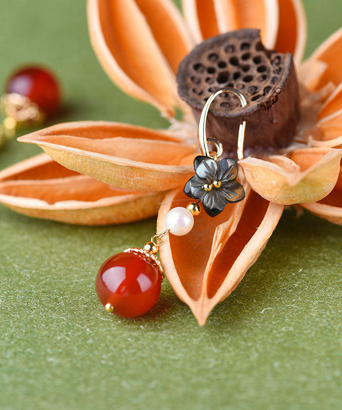 Elegant Red Agate Pearl Shell Flower Silver Drop Earrings