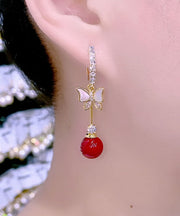 Elegant Red Alloy Zircon Pearl Shell Butterfly Drop Earrings