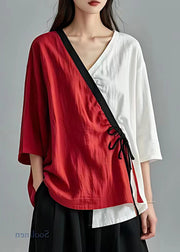 Elegant Red Asymmetrical Lace Up Cotton Tops Bracelet Sleeve