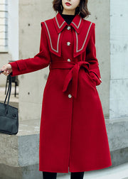 Elegant Red Button Pockets Tie Waist Woolen Coats Winter