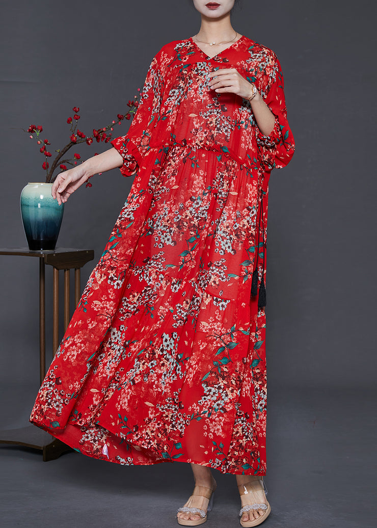Elegant Red Cinched Print Chiffon Vacation Dresses Summer