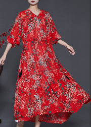 Elegant Red Cinched Print Chiffon Vacation Dresses Summer