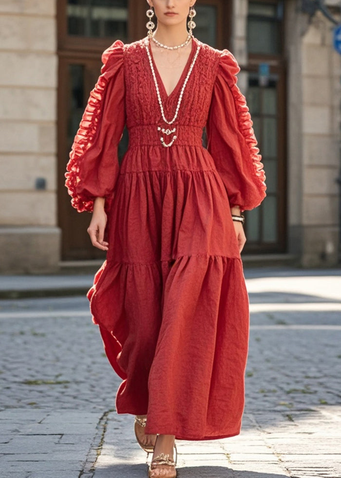 Elegant Red Cinched Wrinkled Cotton Holiday Dress Fall