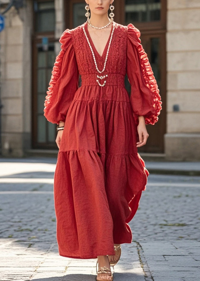 Elegant Red Cinched Wrinkled Cotton Holiday Dress Spring