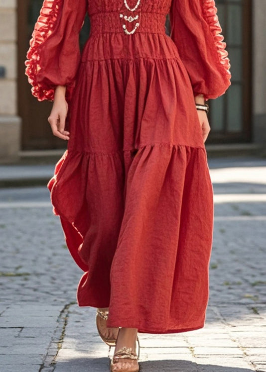 Elegant Red Cinched Wrinkled Cotton Holiday Dress Spring