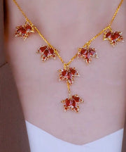 Elegant Red Copper Alloy Crystal Maple Leaves Pendant Necklace