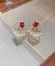Elegant Red Copper Zircon Pearl Rose Stud Earrings