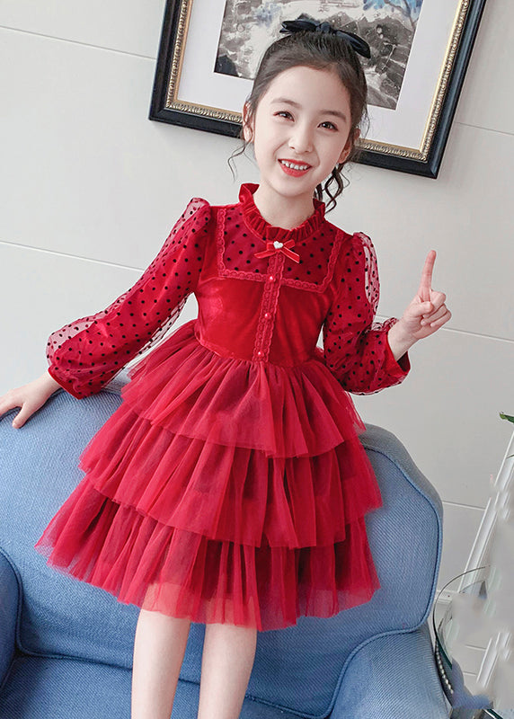 Elegant Red Dot Print Tulle Kids Long Princess Dress Long Sleeve