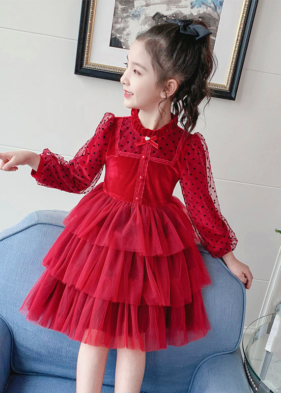 Elegant Red Dot Print Tulle Kids Long Princess Dress Long Sleeve