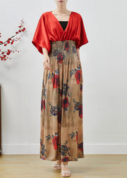 Elegant Red Elastic Waist Patchwork Chiffon Dress Summer