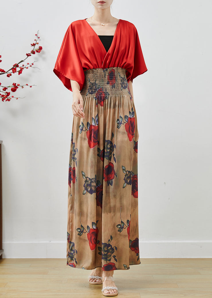 Elegant Red Elastic Waist Patchwork Chiffon Dress Summer