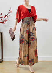 Elegant Red Elastic Waist Patchwork Chiffon Dress Summer