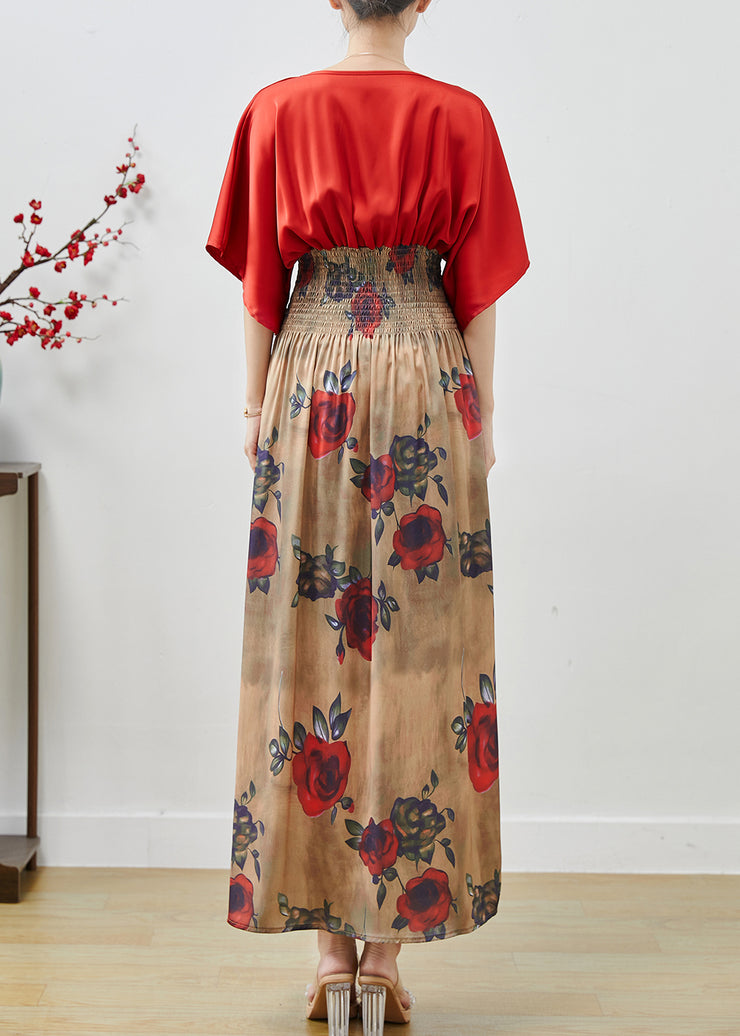 Elegant Red Elastic Waist Patchwork Chiffon Dress Summer