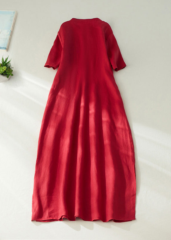 Elegant Red Embroidered Side Open Long Dress Short Sleeve