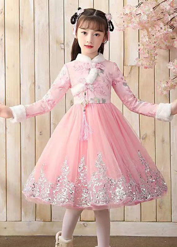 Elegant Red Fur Collar Sequins Patchwork Button Tulle Girls Long Dress Winter