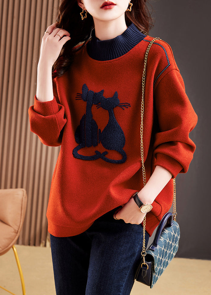 Elegant Red High Neck Patchwork Cotton Pullover Tops Winter