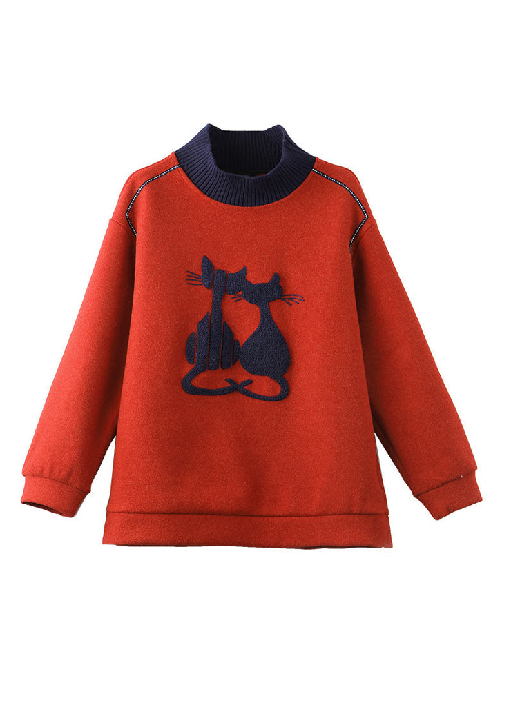 Elegant Red High Neck Patchwork Cotton Pullover Tops Winter