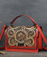 Elegant Red Jacquard Square Calf Leather Satchel Handbag