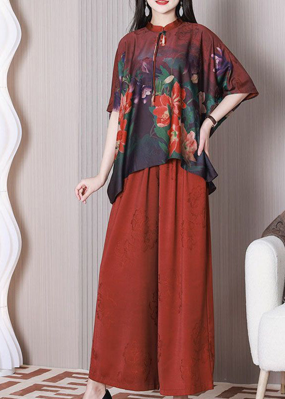 Elegant Red Mandarin Collar Oversized Tassel Print Silk Two Pieces Set Summer