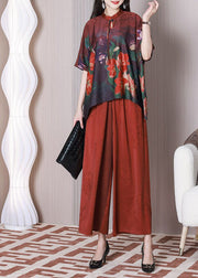 Elegant Red Mandarin Collar Oversized Tassel Print Silk Two Pieces Set Summer