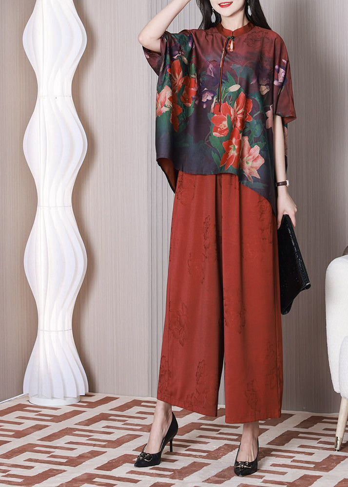 Elegant Red Mandarin Collar Oversized Tassel Print Silk Two Pieces Set Summer