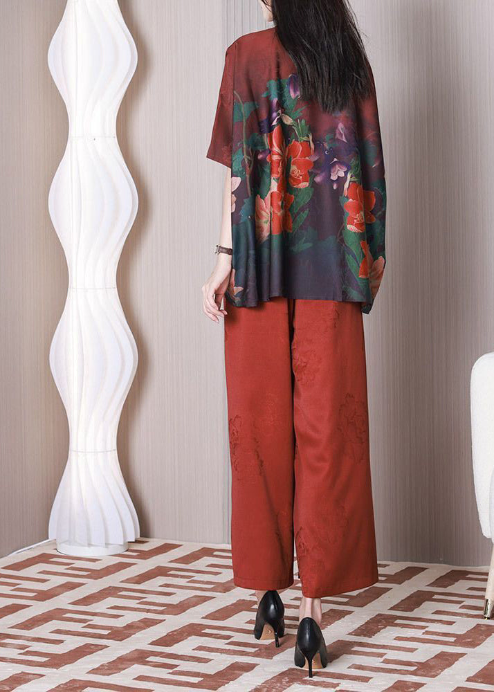 Elegant Red Mandarin Collar Oversized Tassel Print Silk Two Pieces Set Summer