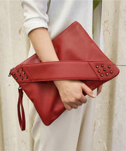 Elegant Red Nail Bead Zippered Faux Leather Satchel Handbag