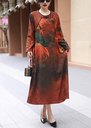 Elegant Red O Neck Print Cotton Long Dress Fall