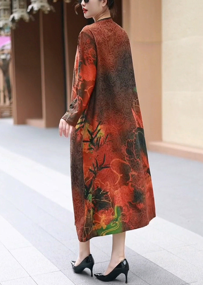 Elegant Red O Neck Print Cotton Long Dress Spring